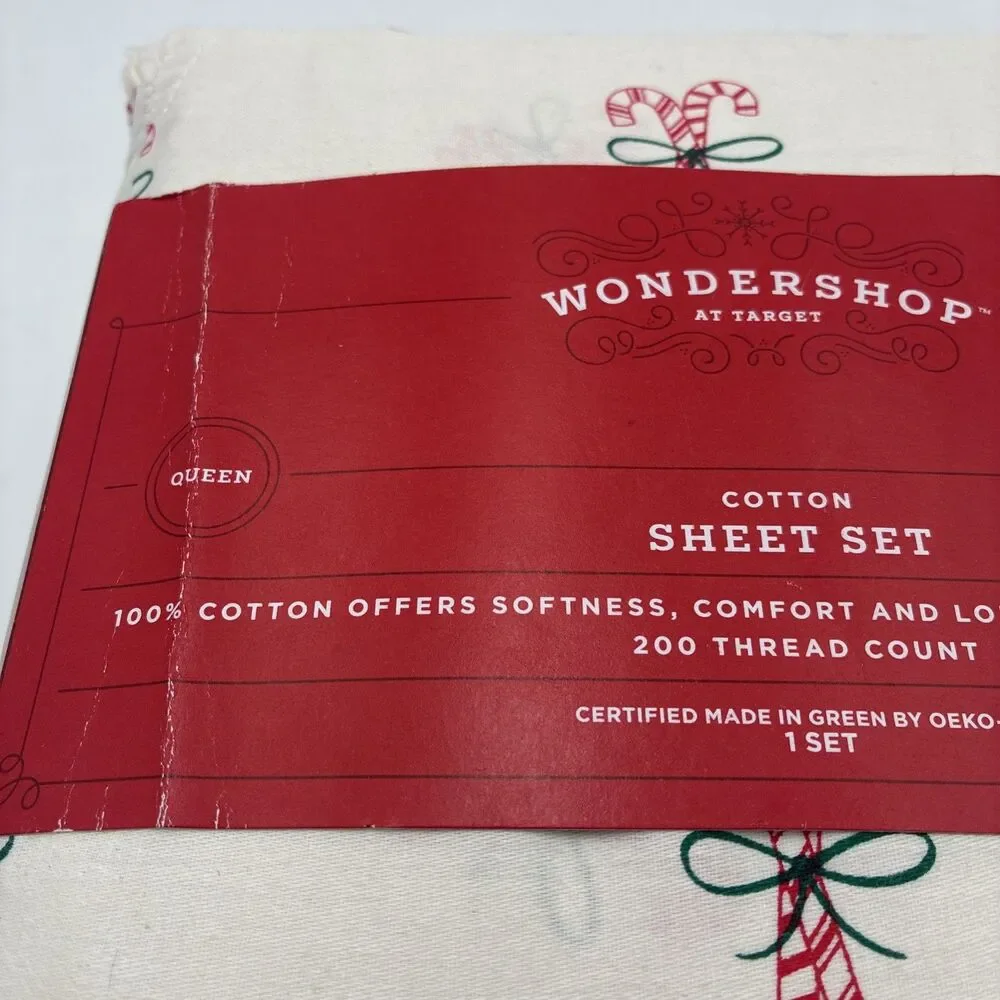 Wondershop  Holiday Cotton Sheet Set Candy Canes 200 Thread  Count  Queen Size .